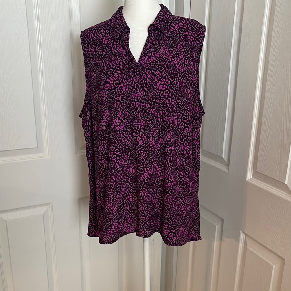Dana Buchman Purple Sleeveless Relaxed Blouse with Mandarin Collar